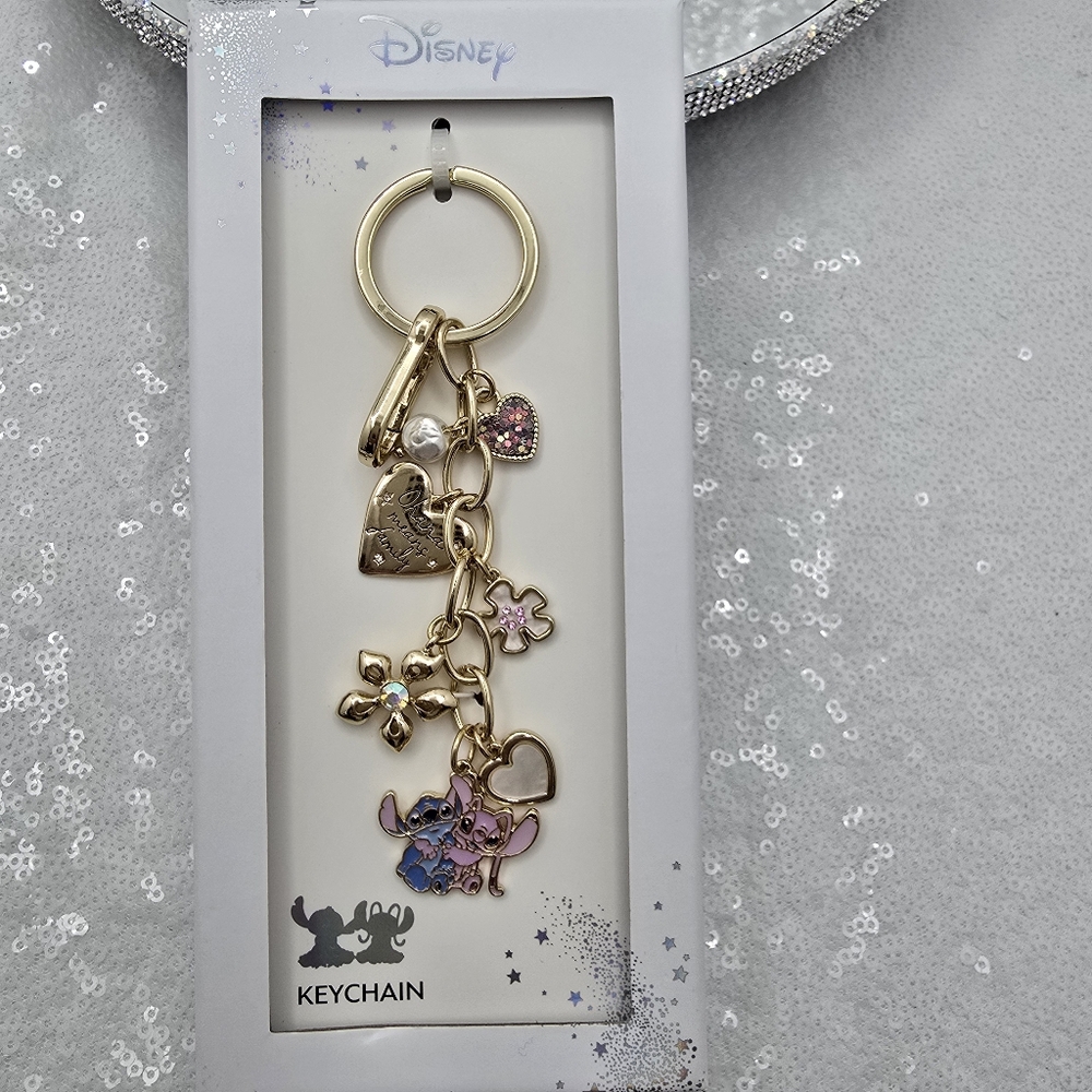 Disney's Lilo & Stitch Bag Charm Key Ring Gold-tone Ohama Hearts Flowers
